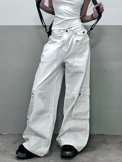Summer White Jeans High Waist Baggy Y2k Trend Straight Cargo Pants Street American Wide Leg Denim Trouser