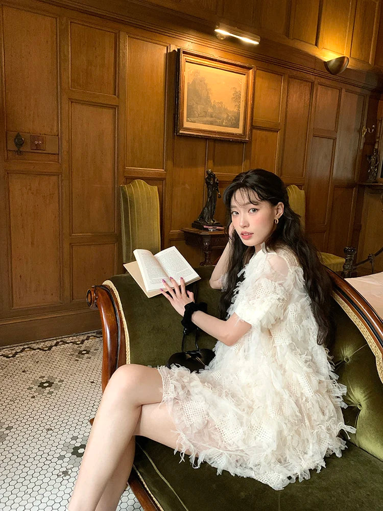 2000s Y2k Mini Dress Japanese Kawaii Clothing Evening Party Lace Dress Office Lady Short Sleeve Retro Summer