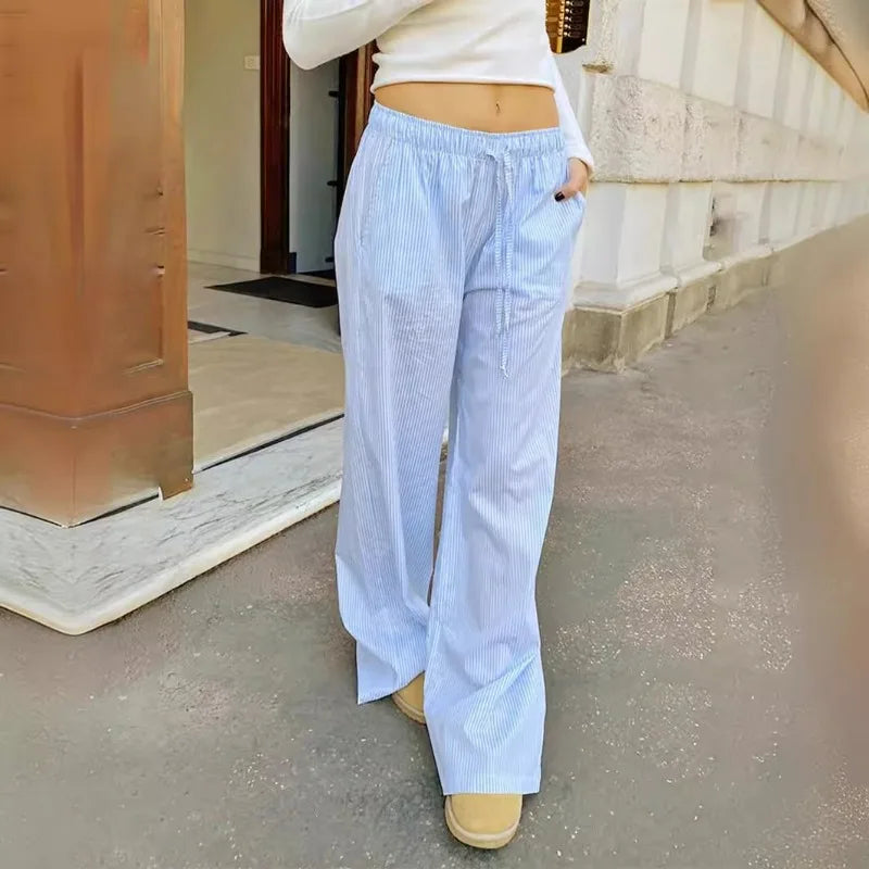Y2k Blue Striped Pants Oversized Harajuku Korean Old Money Baggy Pink Trousers Woman Summer Thin