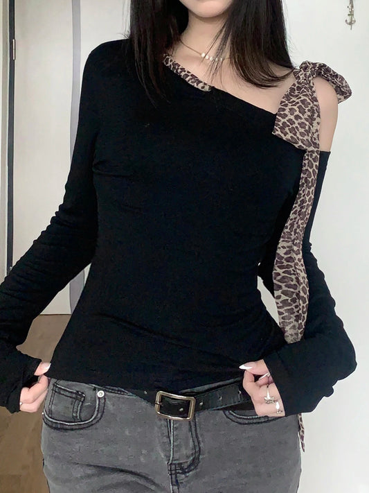 Design Skew Collar Leopard Lace-up Top Tees S Autumn Clothes Long Sleeve Slim Y2k Blouse New