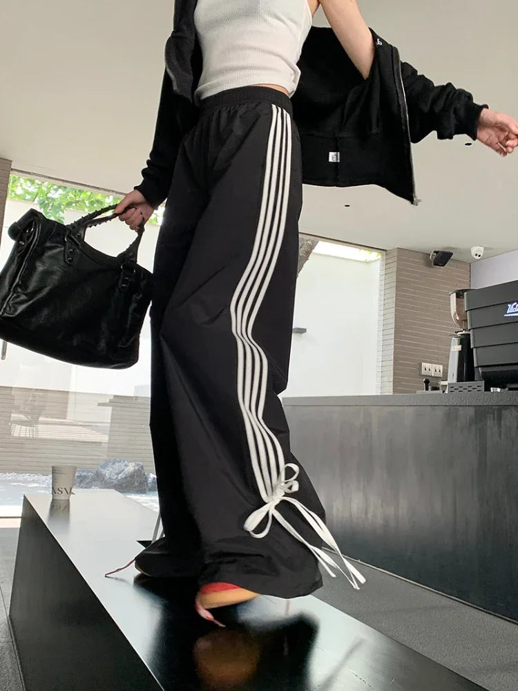 Sports Stripe Baggy Pants Y2k Cutecore Bow Straight Wide Leg Sweatpants Korean Causal Joggers