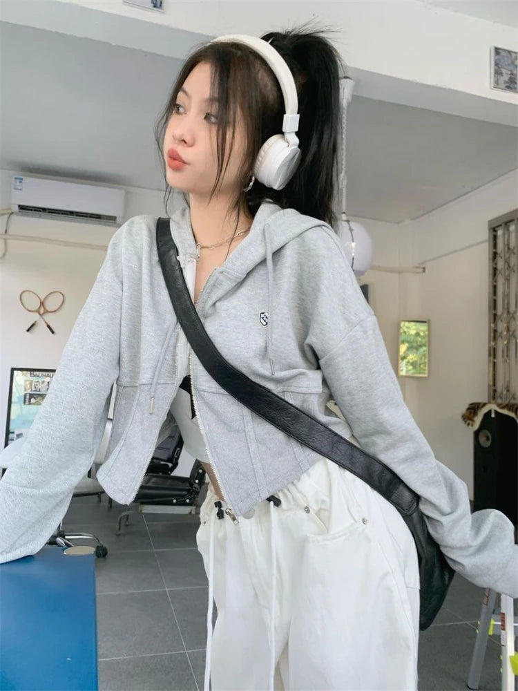 Zip Up Sweatshirts Slim Korean Style Cropped Hoodies Female Sweet Basic Sportswear
