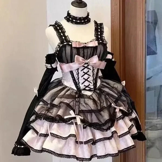 Japanese Sweet Lolita Jsk Dress Gothic Y2k Bow Lace Ruffles Evening Party Mini Dresses Harajuku Kawaii Black Vestidos
