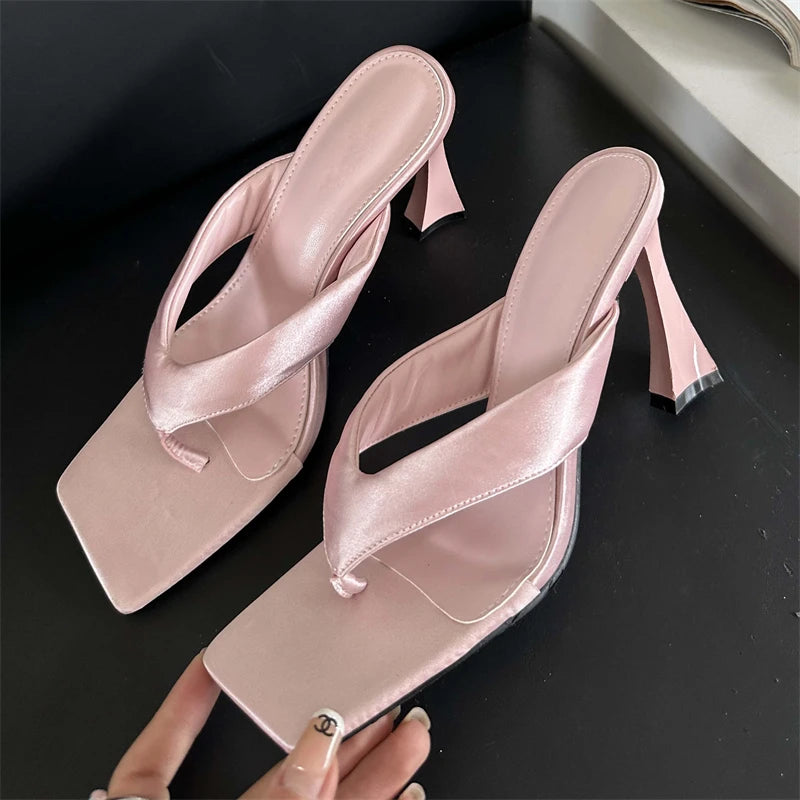 Summer Square Clip Toe Slippers High Heels Slides Sandals Flip Flops Shoes