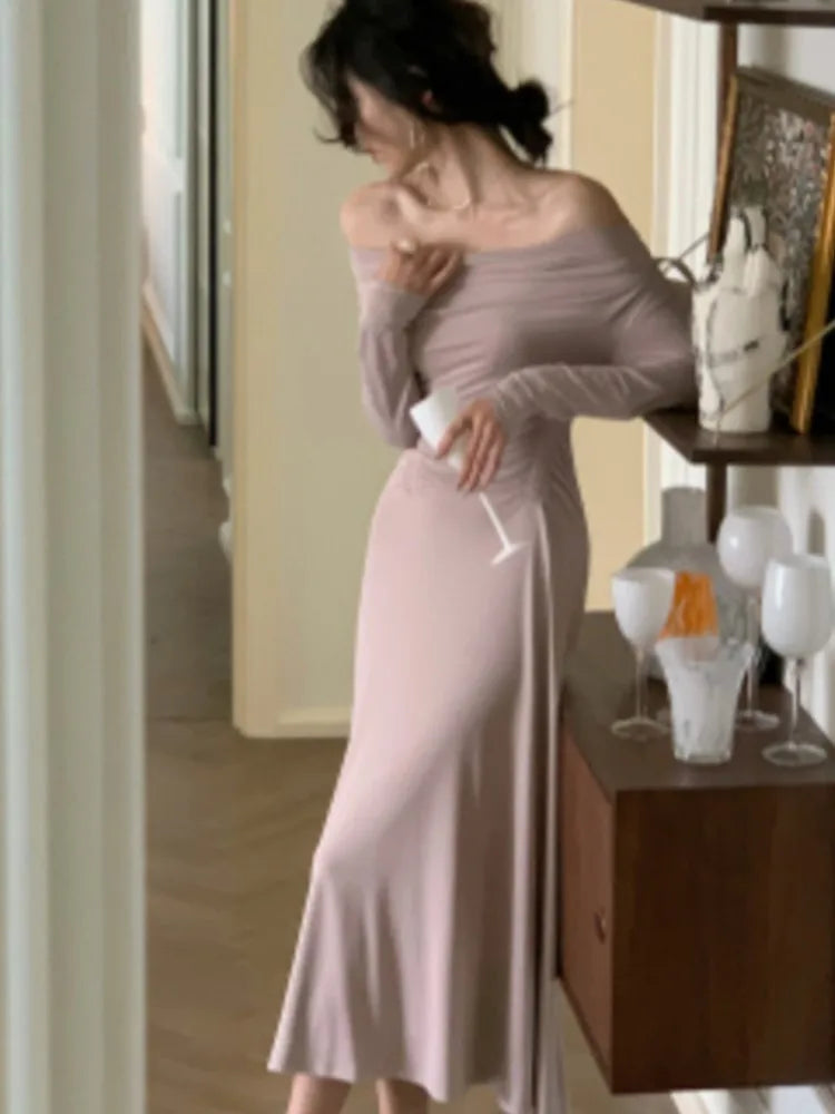Off Shoulder Knit Midi Dresses Autumn Long Sleeve Pleated Dress Slim Evening Party Female Clothing