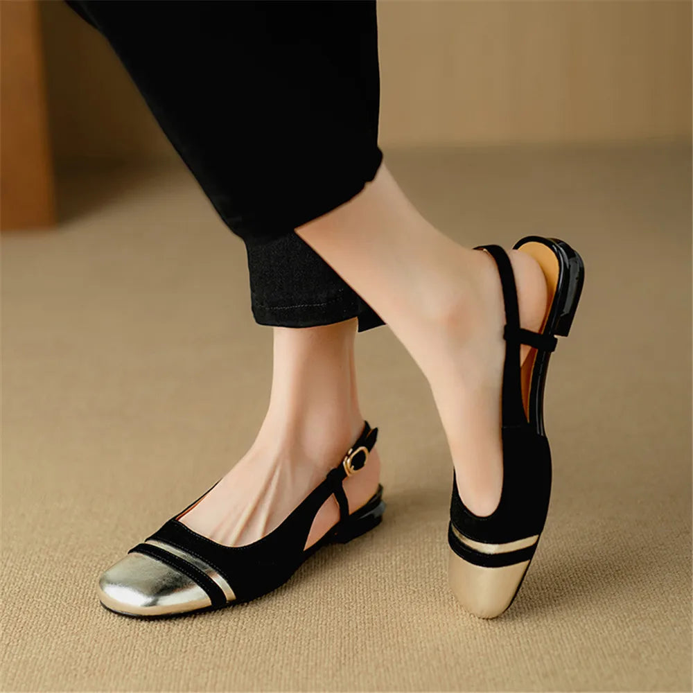 Classic Design Cow Leather Flats Shoes Slingbacks Summer Comfort Shoes Woman Round Toe Flats Shoes