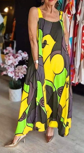 Print Spaghetti Strap Dresses Pocket Loose Long Dress Lady Commuting Clothing Maxi Vestidos Summer New