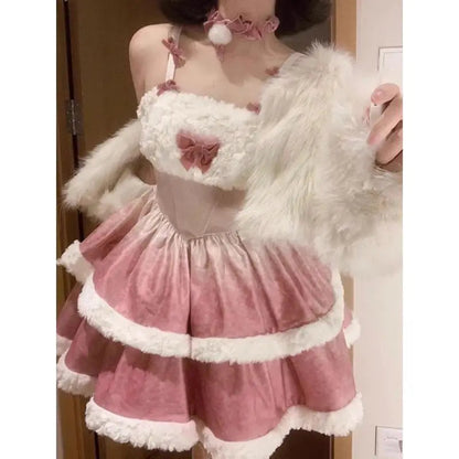 Plush Short Coat Waist Cinched Aline Puffy Lolita Dress Sweet Bow Gradient Mini Camisole Dress Set Two Piece Set Outfits