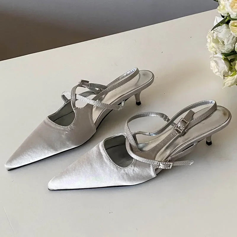 Narrow Band Buckle Strap Woman Pumps Pointed Toe Thin Low Heels Party Dress Female Shoes
