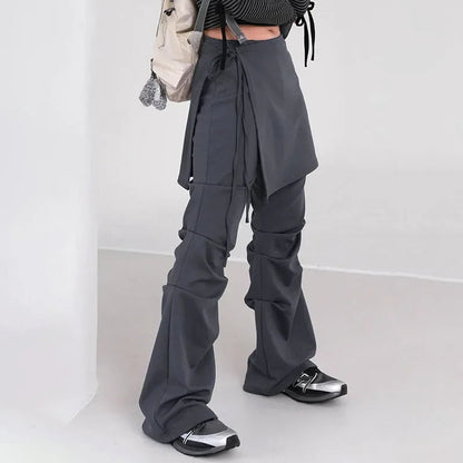 Retro Fake Two Piece Wideleg Pants Spring New High Street Drawstring Laceup Color Trousers