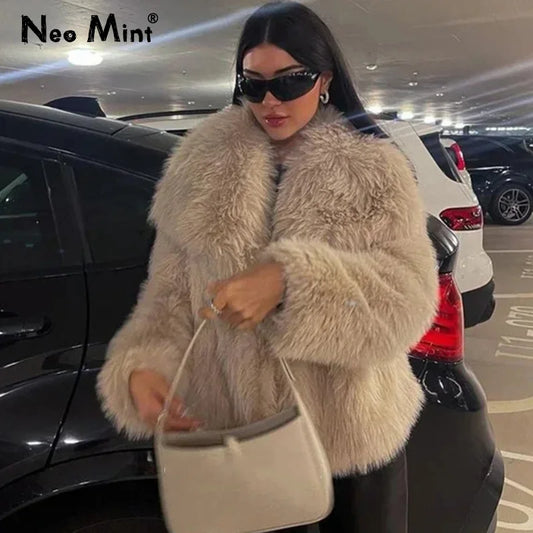 Ins Blogger Brand Fake Fox Fur Jacket Coat Winter Design Big Collar Fur Coats Cool Overcoat