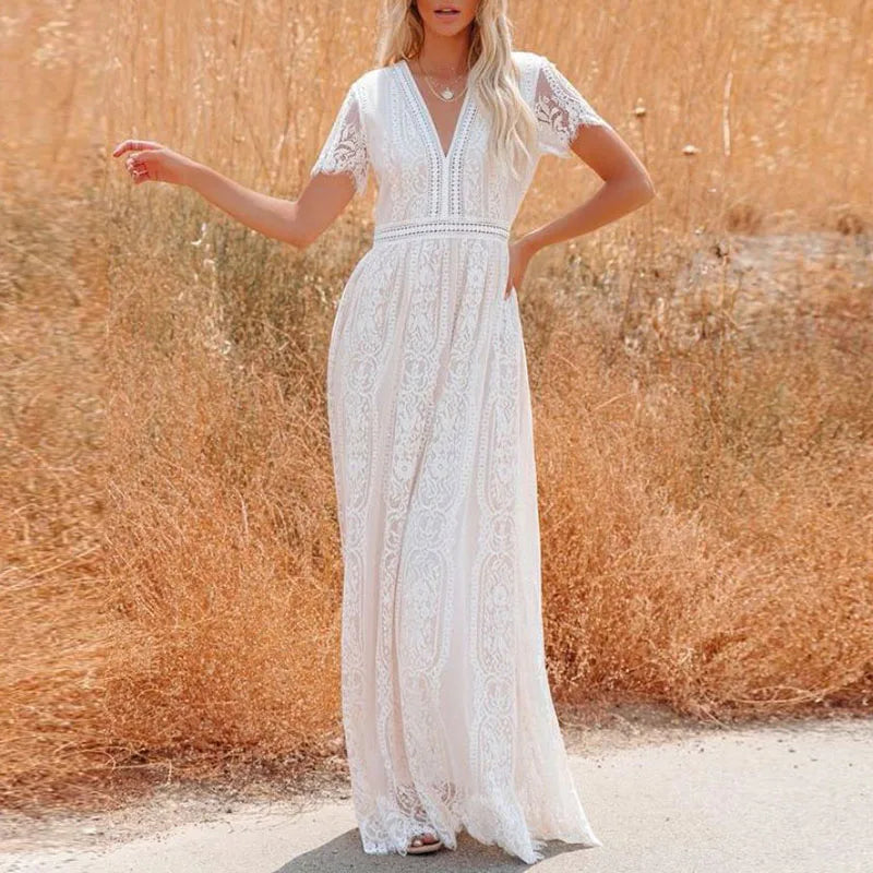 Jacquard Embroidery Lace Party Dress Spring Vneck High Waist Long Dress Summer Short Sleeve Loose Maxi Dress