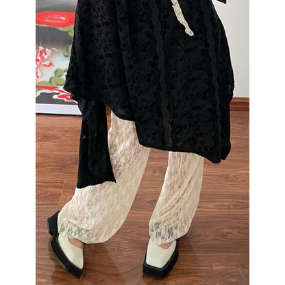 See Through Lace Pant White Hollow Out High Waist Female Summer Outside