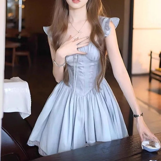 Blue Bandage Mini Dresses Flying Sleeve Spring Summer French Style Dress Ruffles Vestidos Mujer