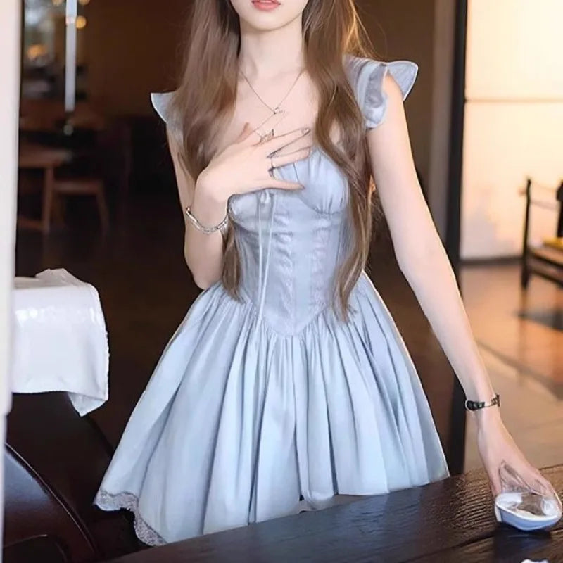 Blue Bandage Mini Dresses Flying Sleeve Spring Summer French Style Dress Ruffles Vestidos Mujer