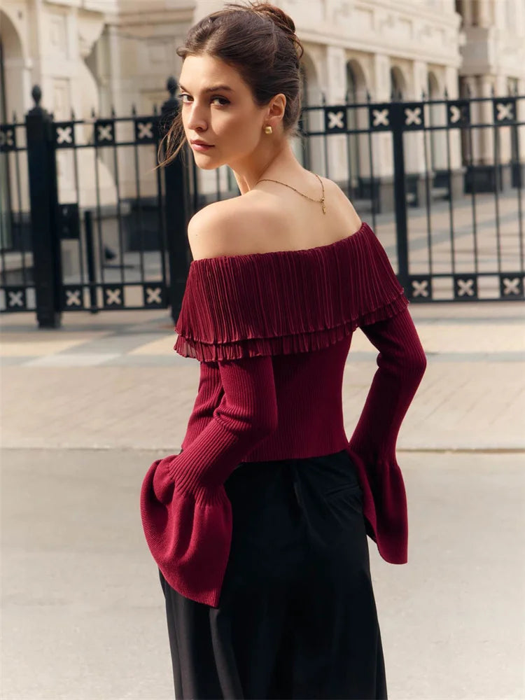 Knit Backless Sweater Pullover Female Patchwork Ribbed Off-shoulder Slim Y2k Autumn Top ’s Knitwear Pullover