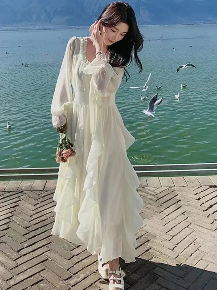 Irregular Ruffles Long Dress New Autumn Square Collar Beach Vocation Korean Female Vestidos New