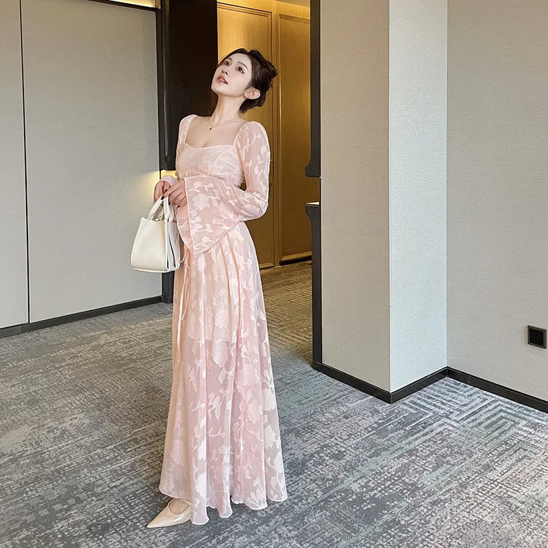 Pink Vestidos Mujer Spring Autumn Ins Dresses Sweet Aline Beach Style Long Dress