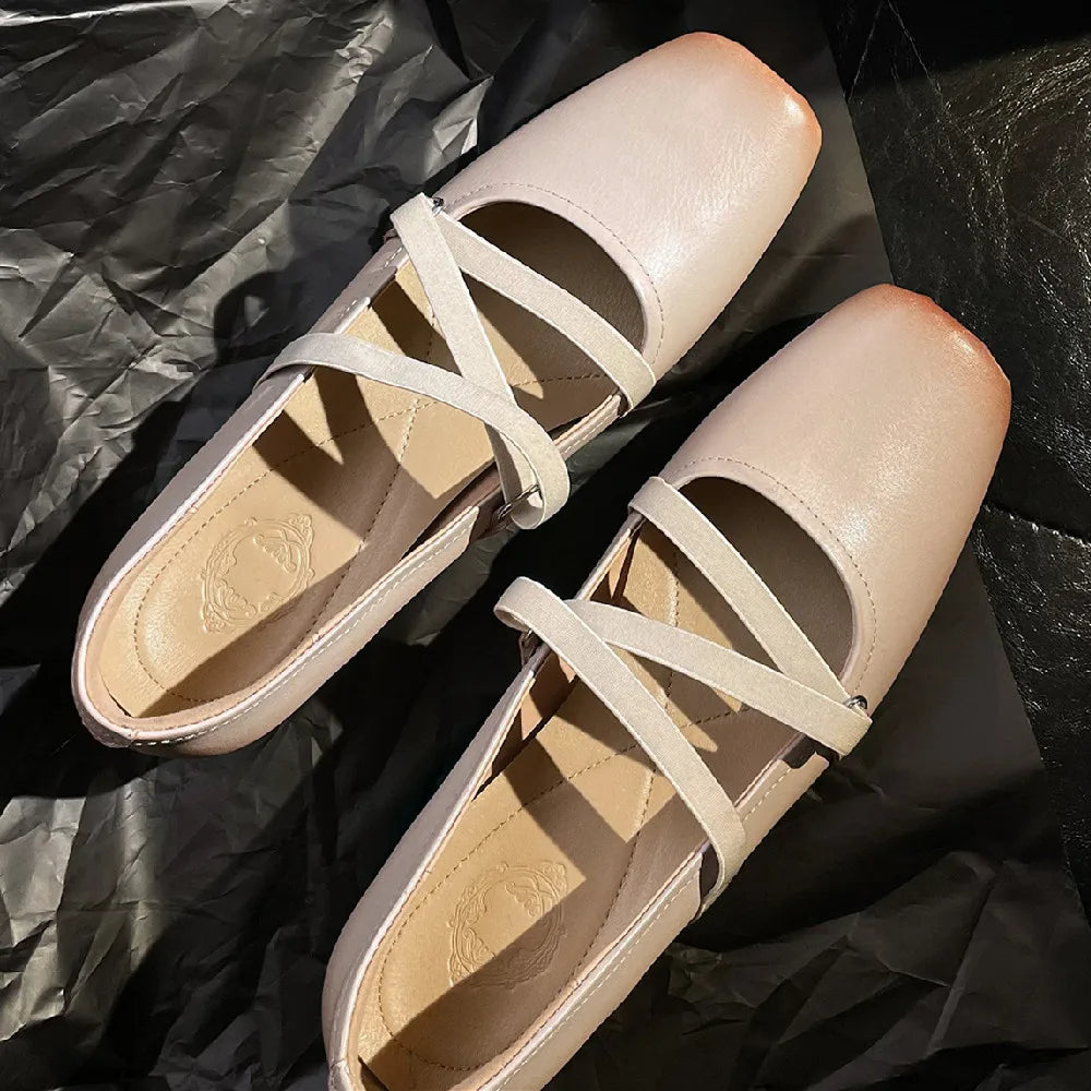 Womenn's Genuine Leather Square Toe Elastic Band Slipon Ballet Flats Cross Strap Female Slim Soft Comfortable Ballerians Shoes