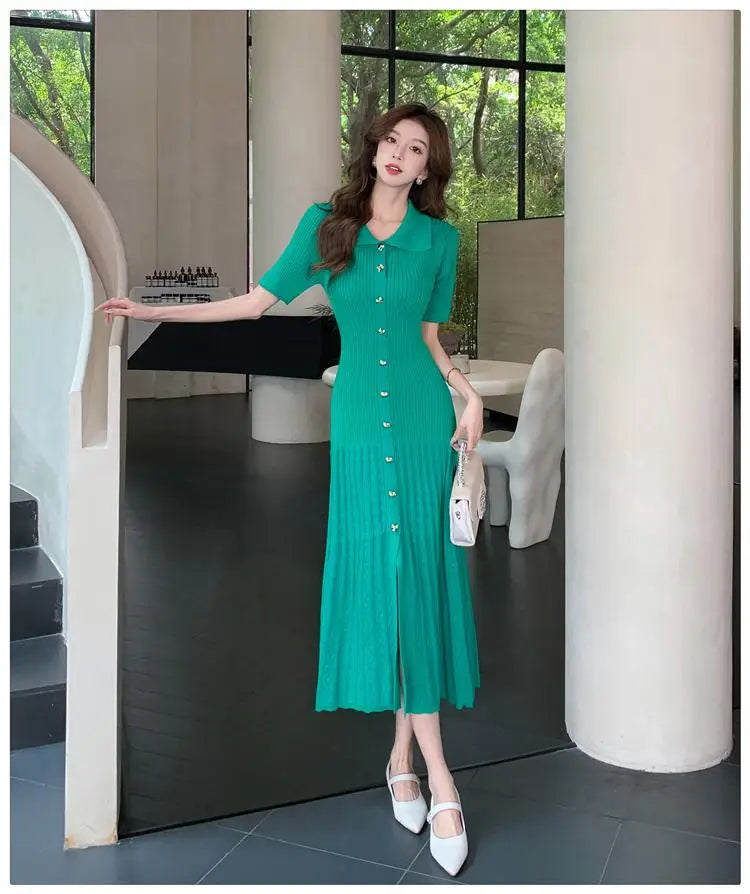 Black Beige Temperament Split Knit Dress Summer Single Breasted Robe Green Office Lady New Long Dress