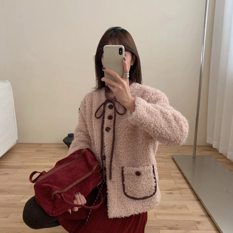 Sweet Hot Girl Oneck Doublesided Woolen Coat Autumn/winter Oneck Laceup Loose Coat Female Clothes