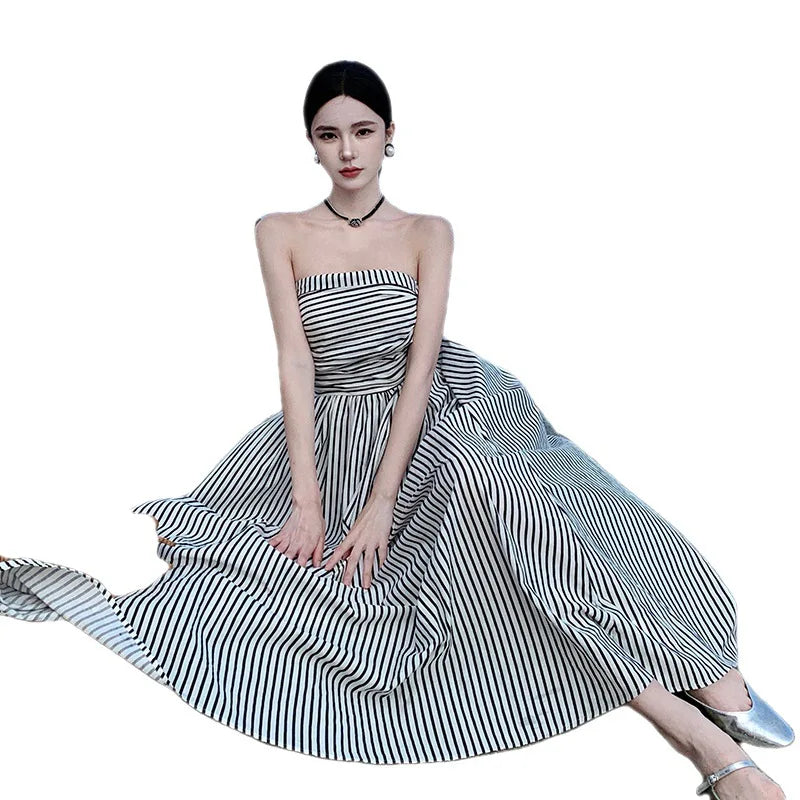 Summer Black White Striped Club Off Shoulder Long Dresses High Waist Backless Pleated Strapless Sundress