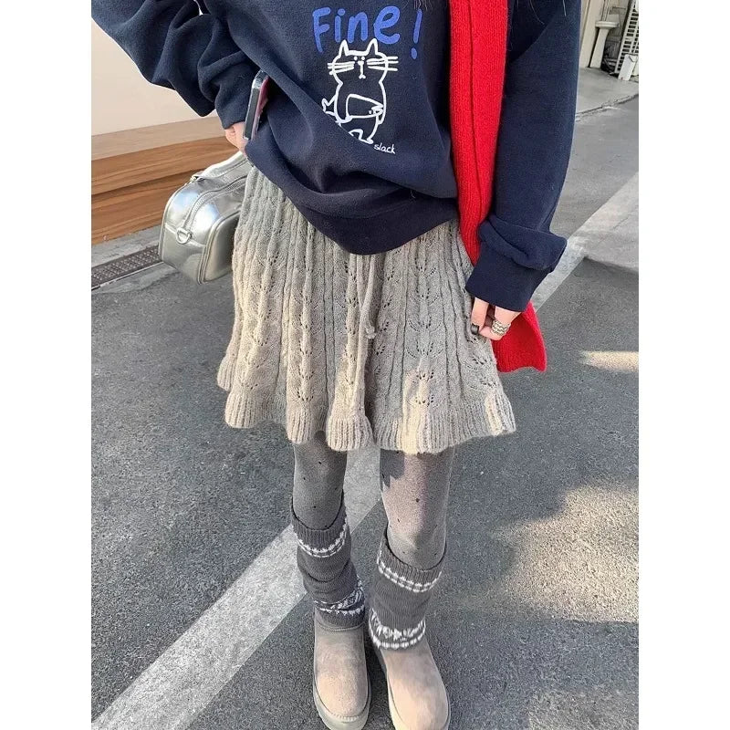High Waist Lace Up Aline Skirt Spring New Korean Seethrough Hollow Color Knitted Mini Skirt