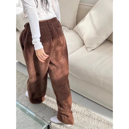 Summer Korean Retro High Street Hairy and Thick Low Waist Trousers Wide Leg Pants