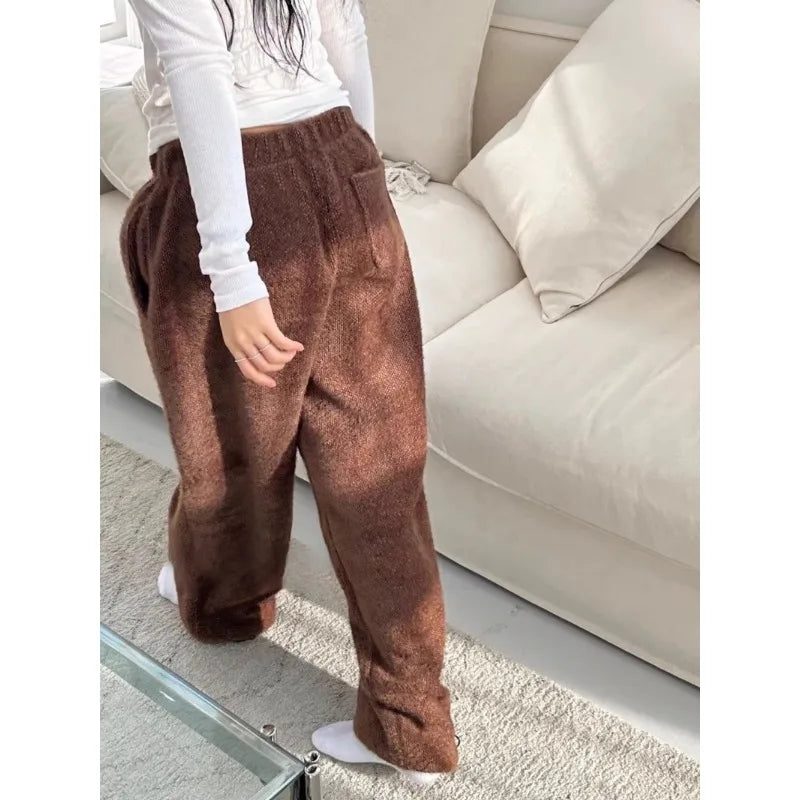 Summer Korean Retro High Street Hairy and Thick Low Waist Trousers Wide Leg Pants
