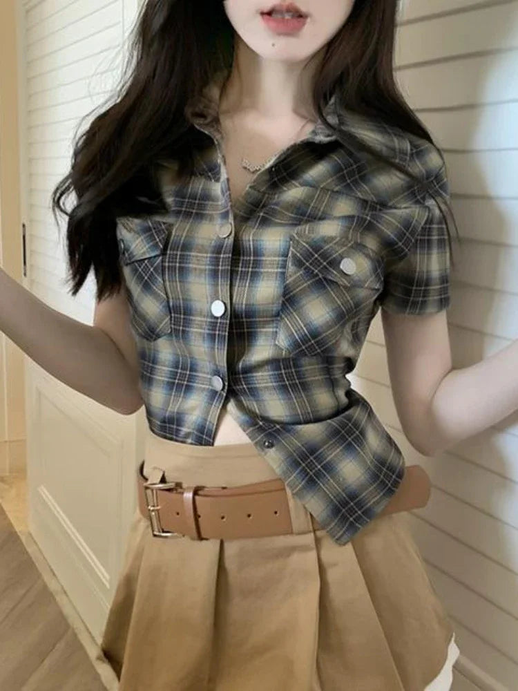 Plaid Short Sleeve Shirt American Retro Button Up Cardigan Blouse Female 90s Summer Cargo Slim Tops