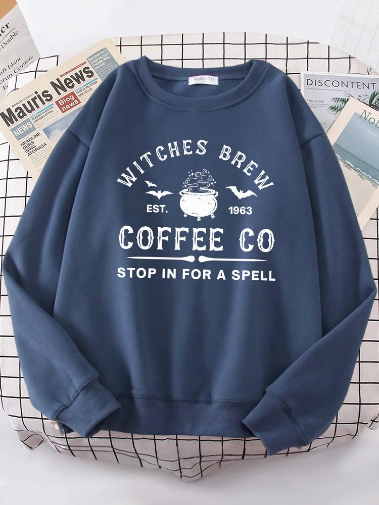 Witches Brew Coffee Letter Printing Simple Color Letter Printing Sweatshirts Long Sleeves Warm Pullover Clothes
