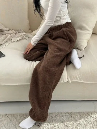 Summer Korean Retro High Street Hairy and Thick Low Waist Trousers Wide Leg Pants