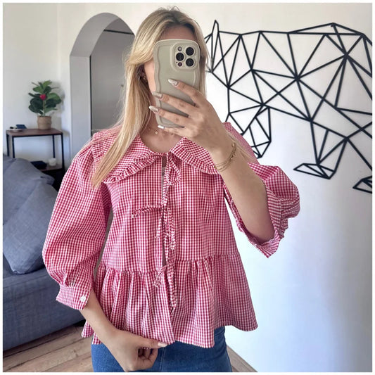 Babydoll Tops Y2k Clothing Summer Ruffled Collar Lace Up 3/4 Sleeve Loose Blouses Shirts 2000s Clothes