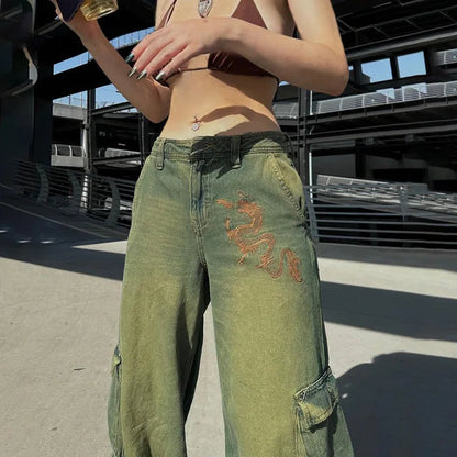 Grunge Fairycore Cargo Pants Denim Y2k Aesthetic Dragon Embroidery Jeans Baggy Distressed Trousers