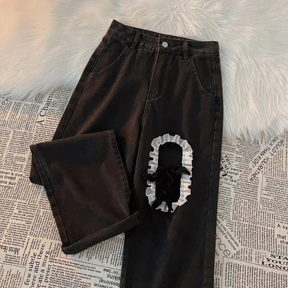 Korean Lace Slit Jeans Pants High Waist Oversize Wide Leg Trousers New Ins All Match Denim