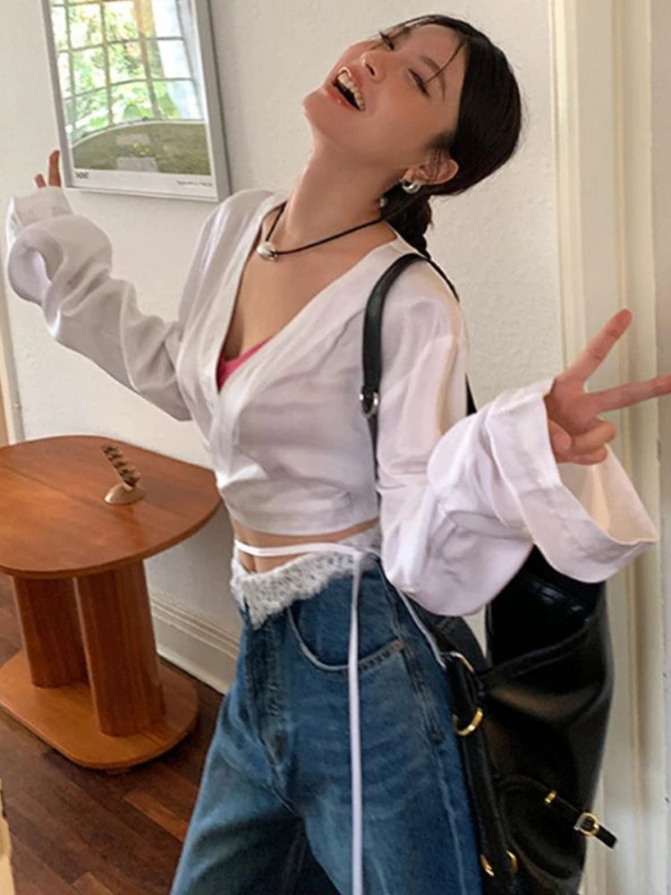Y2k Stain Acetate Cropped Blouse for Long Sleeve Vneck Shirt With Laceup Korean Tops