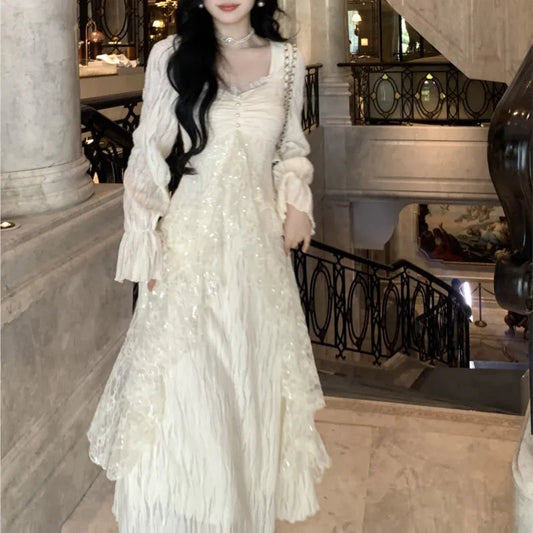 Autumn Winter New Midi Dresses for Lace Ruffles Flare Sleeve Aline Birthday Party Dress Korean Vestidos Mujer