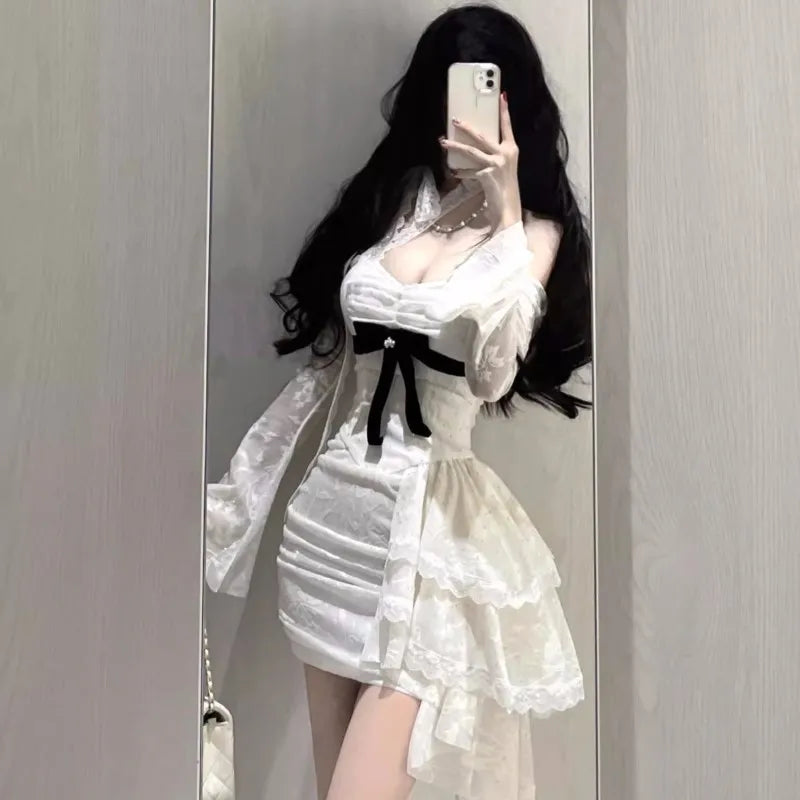 Y2k Lace Bodycon Mini Dresses for Slash Neck Flare Sleeve A-line Birthday Party Short Train Dress Korean Vestidos