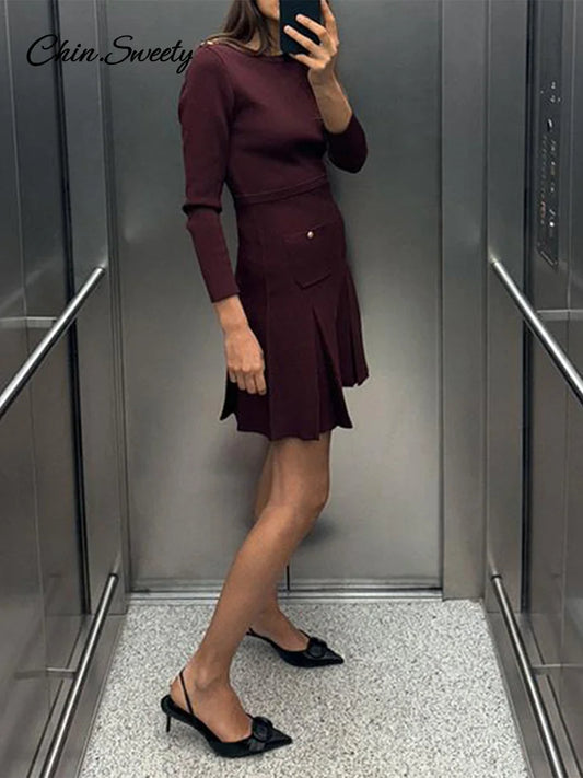 Knit Burgundy Red A-line Mini Dress O-neck Long Sleeves Pleat Party Dresses Female Spring New Pockets Button Vestidos