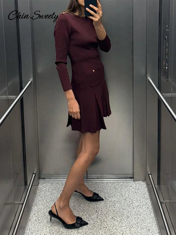 Knit Burgundy Red A-line Mini Dress O-neck Long Sleeves Pleat Party Dresses Female Spring New Pockets Button Vestidos