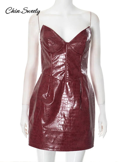 Burgundy Leather Strapless Mini Dress Backless High Waist Hip Package Female Dresses Summer Slim Y2k Clubwear