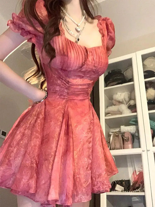 Summer Dresses Puff Sleeve French Style Retro Sweet Vestidos Mujer Print Aline Square Neck Mini Dress
