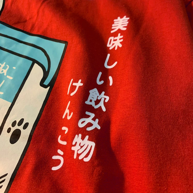 Japanese Cat Print Oversized T-shirt Short Sleeve Loose Tee Shirt Tops Cotton Harajuku Clothing