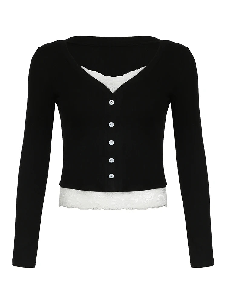 Contrast Lace Patchwork Y2k Slim Long Sleeve Black T-shirts Button Up V Neck Basic Spring Autumn Tee