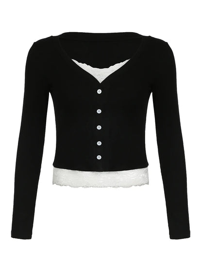 Contrast Lace Patchwork Y2k Slim Long Sleeve Black T-shirts Button Up V Neck Basic Spring Autumn Tee