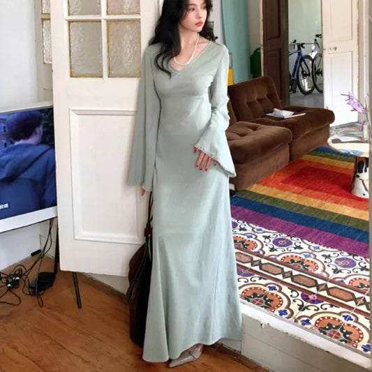 Midi Dresses for Vneck Flare Sleeves Slim Waist Autumn New Evening Party Dress Wedding Prom Robe Vestidos