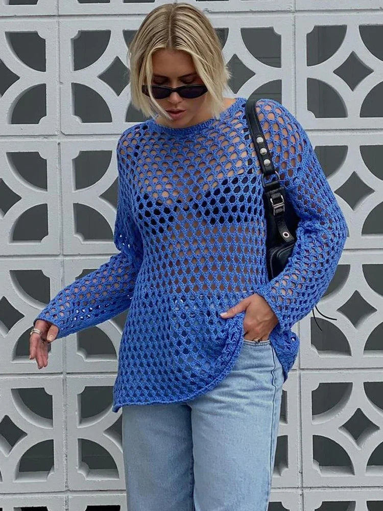 Hollow Out Knit Cover Up Dress for See-through Loose Beach Holiday Mini Dress Summer Splice Knitwear Cover Up