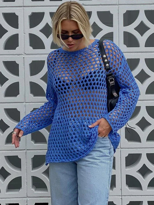 Hollow Out Knit Cover Up Dress for See-through Loose Beach Holiday Mini Dress Summer Splice Knitwear Cover Up