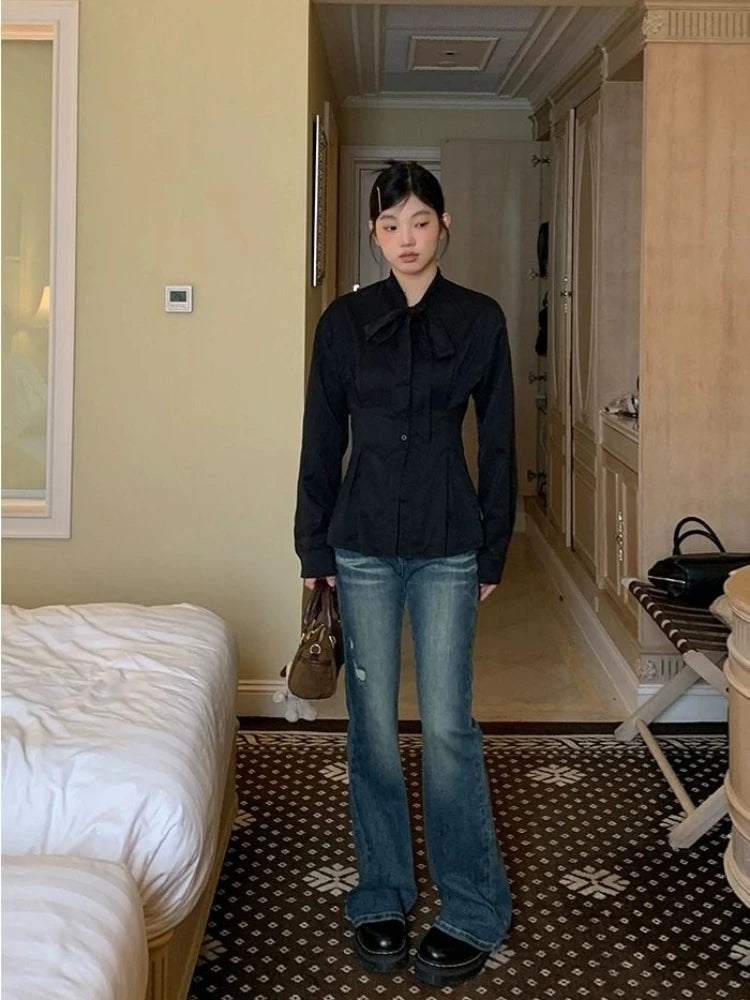 Black Shirts for Slim Long Sleeve Blouse With Bow Pleated Tops Korean Spring Autumn Office Clothes