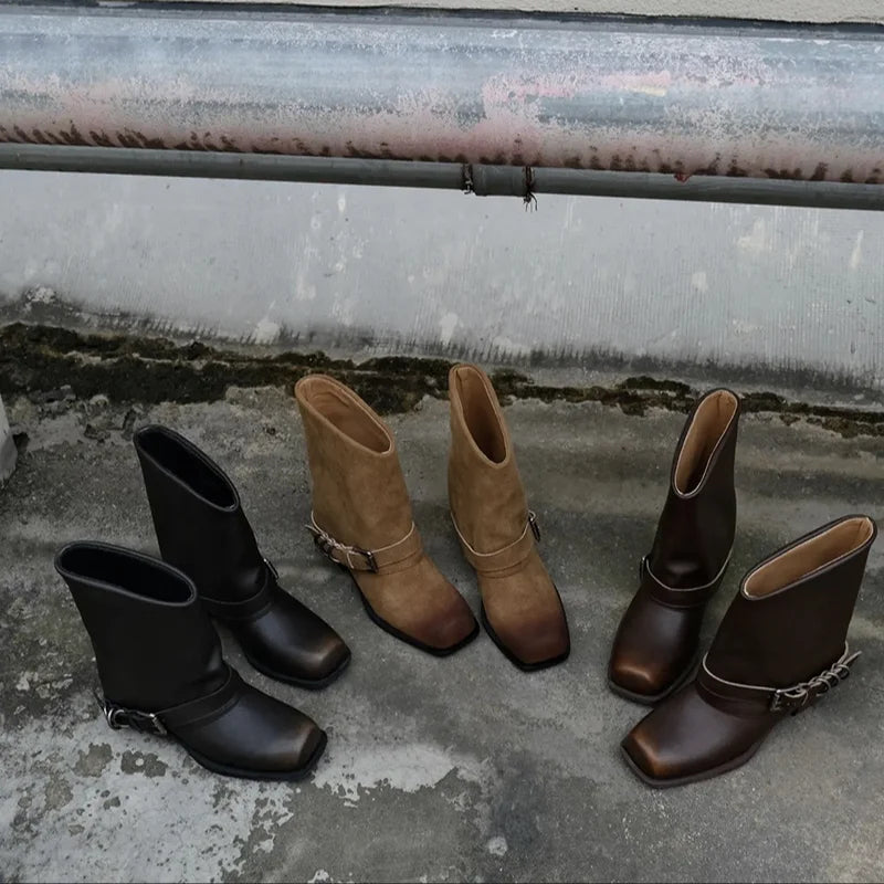 Retro Woman Boots Brand Designer Spring New Genuine Leather Western Boots Knee High Ankle Boot